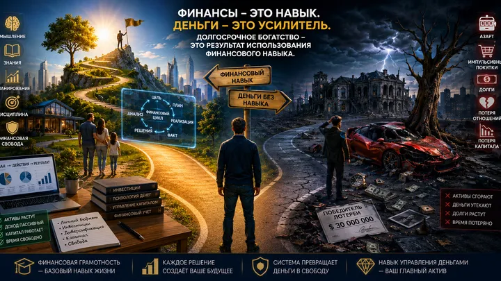 ФИНАНСЫ - это навык. ДЕНЬГИ - это усилитель. Долгосрочное БОГАТСТВО - это результат использования финансового навыка.